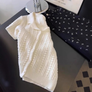 Cárdigan de punto blanco calado de manga corta para mujer, cuello polo, ajuste ceñido, transpirable, top de verano - Product Image 2