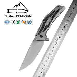 Couteau de poche pliant en acier 8Cr13MoV, lame à pointe tombante, manche en acier inoxydable, incrustation en fibre de carbone, ouverture par flipper, EDC, camping, OEM - Product Image 1