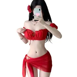 Đồ bơi 5523 dệt kim Cô Gái Trưởng Thành mùa hè bên bờ biển gợi cảm bikini nóng bỏng phổ biến màu đỏ tắt Vai Ruffle kỳ nghỉ đồ bơi