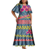 Robe longue maxi pour femme, motif tribal hawaïen, grande taille, col rond, manches évasées, style île, color block, pour soirée