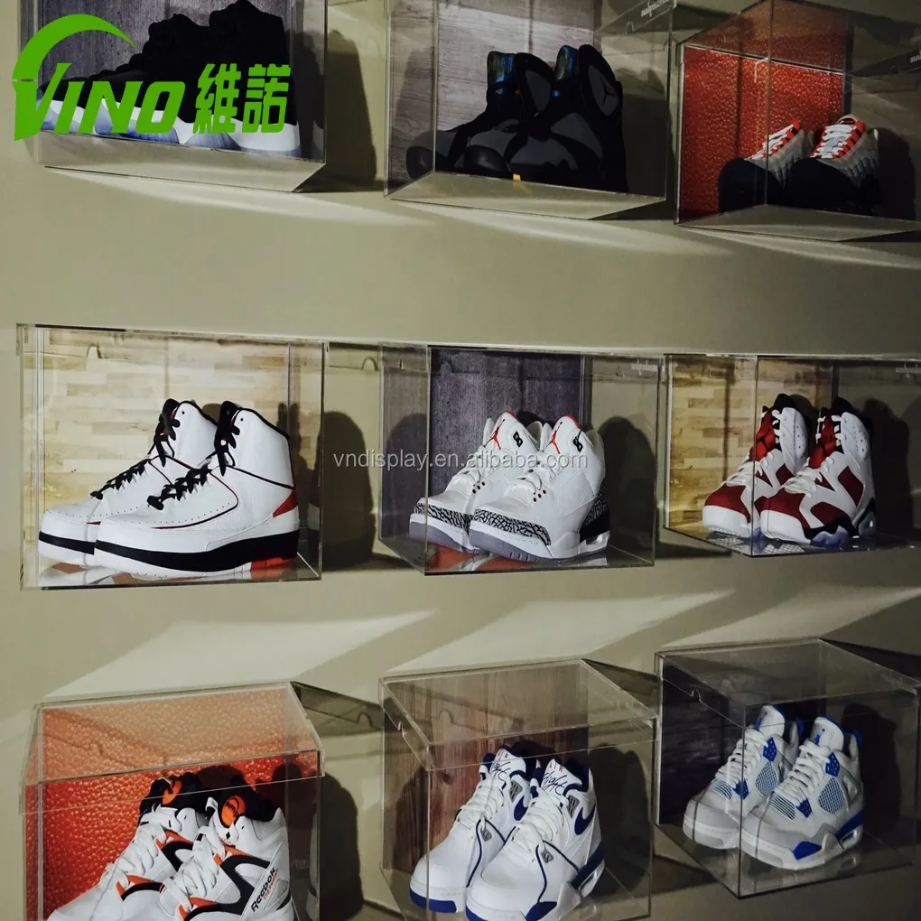 Kunden spezifischer Acryl-Schuhkarton Bolt Inserting Type Klare Sneaker-Box mit Deckel-Wand-Aufbewahrung koffer Schuh-Wand montage
