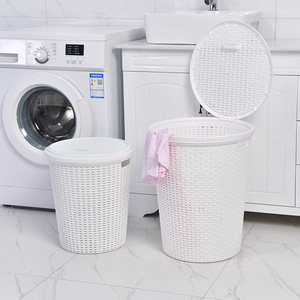 Round Plastic Laundry Basket With Lid Wicker Style Dustproof Clothing Organizer Storage Bin - Product Image 4