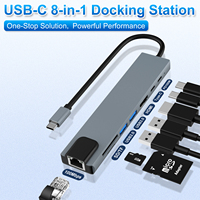 8 in 1 USB C Docking Station Type-C Hub 100Mbps RJ45 HDTV PD100W USB3.0 USB2.0 Pembaca Kartu SD TF Adaptor Multiport untuk Laptop