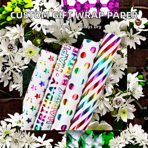 Custom Happy Birthday Gift <b>Wrap</b> <b>Paper</b> <b>Roll</b> with Stars Polka Dots Stripes Metallic Design for Party Celebration Packaging - Product Image 2