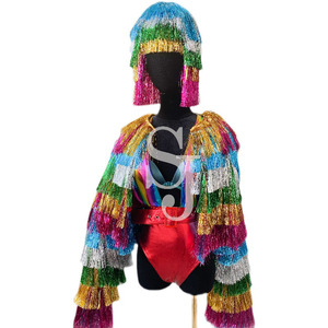 Ensemble de costume de scène pour chanteuse, avec manteau à franges, perruque et body, pour spectacle de danse, bar, spectacle commercial, Noël, divertissement - Product Image 1