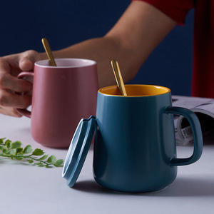 Ceramic Mug With Lid And Spoon Solid Color Two-piece <b>Set</b> Coffee <b>Cup</b> For Everyday Use - Product Image 2