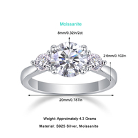 Bague en argent sterling S925 avec moissanite 2 carats, trois pierres rondes taille brillant, six griffes, bijoux pour femme