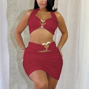 <b>Sexy</b> 2-Piece Women's <b>Set</b> Halter Top Above Knee Skirt Hollow Out Metal Buckle Solid Pattern Skinny Fit Knit - Product Image 1