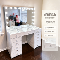 Coiffeuse Maquillage avec Grand Miroir et Lumières LED à Luminosité Réglable, Table de Coiffure pour Chambre avec 13 Tiroirs