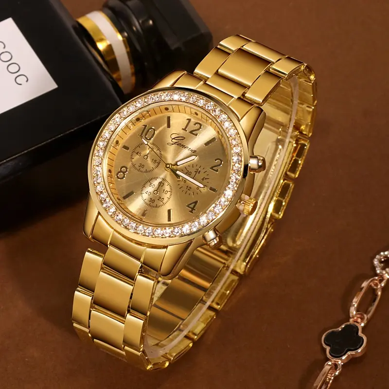 นาฬิกาประดับพลอยเทียมหรูหราคลาสสิกของผู้หญิง,นาฬิกาแฟชั่นสีทอง