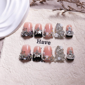 Faux ongles de luxe faits main, style bec de canard, noir, French Star, entièrement ornés de strass, pour fêtes, banquets, manucure, vente en gros - Product Image 3