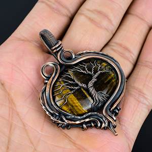 Pendentif en pierres précieuses œil de tigre naturel de Style classique fil de cuivre fait à la main enveloppé avec réglage de lunette prix de gros pour les femmes - Product Image 1