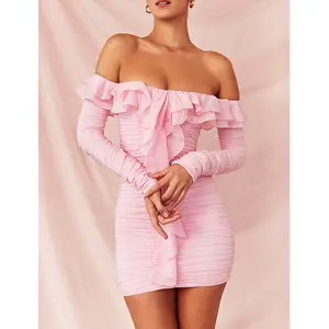 Custom Clubwear Oem Urban Fashion Vrouwen Jurken Sexy Lady Body Con Ruches Rits Off Shoulder Party Dress Sexy