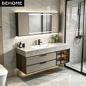 Meuble-lavabo flottant avec miroir LED intelligent, grand espace de rangement et plateau en pierre pour la maison, l'appartement et la salle de bain d'hôtel - Product Image 1