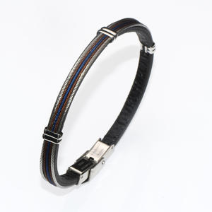Moda uomo in vera pelle con corda marrone blu filo di acciaio inossidabile Pulsera Para Hombre De 5mm bracciali con polsino largo - Product Image 1