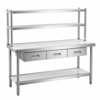 Table de préparation de cuisine en acier inoxydable avec tiroirs, double étagère supérieure et inférieure, pieds réglables, plan de travail