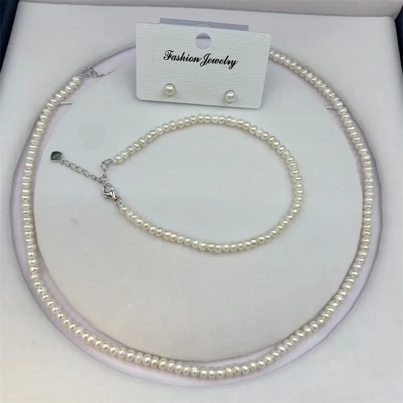 Vendita calda 3A Set di gioielli in argento 925 Sterling di alta qualità con perla d'acqua dolce con bottoni perla 4mm bianco regalo per la festa della mamma delle donne