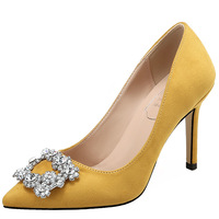 Escarpins à talons aiguilles en daim pour femme, pointure 33-43, avec boucle carrée ornée de strass, à enfiler, pour mariage et cérémonie