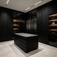 Dressing sur mesure grande capacité avec armoires vitrées, vestiaire complet et îlot multi-tiroirs