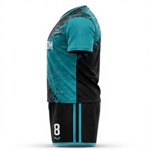 ชุดฟุตบอลแบบกำหนดเอง สีดำ-เขียวอมฟ้า พิมพ์ลายแบบ Sublimation คอวี แขนสั้น ระบายเหงื่อได้ดี สำหรับผู้ใหญ่ ชุดแข่งฟุตบอลชาย - Product Image 4
