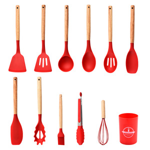 Wigh Light 12 Pcs <b>Kitchen</b> Cooking <b>Utensil</b> Set <b>Holder</b> Baking Gadget Nonstick Silicone Spatula Kitchenware With Wood Handle - Product Image 4