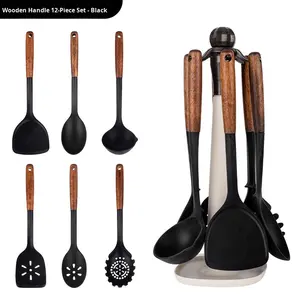 <strong>7</strong>-Pcs Non-stick Soft Silicone Kitchenware Set with <strong>Wood</strong> Hand Grip Silicone Spatula Soup Noodle Spoons High Temperature Resistant - Product Image 2