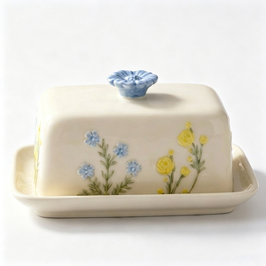 Beurrier en céramique rectangulaire, motif floral peint à la main, avec couvercle, pour la conservation de la fraîcheur en cuisine - Product Image 1