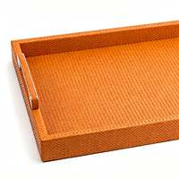 Plateau de service empilable à un niveau en cuir PU tressé orange personnalisé, moderne, luxueux et durable, avec poignées, pour l'organisation de la maison et de la cuisine