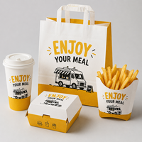 Producteur de contenants jetables en carton pour emballages alimentaires à emporter, personnalisables avec logo, pour frites et burgers, destinés aux chaînes de restaurants.