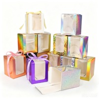 Boîte d'emballage octogonale holographique irisée brillante, écologique, avec fenêtre transparente en PVC, base à fermeture à pression, boîtes rigides, mini-parfum