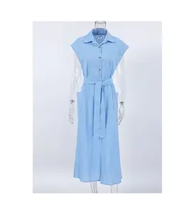 French Style Midi Length Summer Holiday Linen and Cotton Button Up Front women's Dress