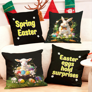 Coussins décoratifs de Pâques avec des lapins, des agneaux et des œufs colorés, avec des messages festifs sur fond noir - Product Image 1