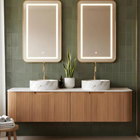 Set Meja Rias Kamar Mandi Kayu Ramah Lingkungan Modern dengan Kabinet Cermin, Cermin LED Terang, Wastafel Keramik Tempel Dinding, Karet Tahan Lama