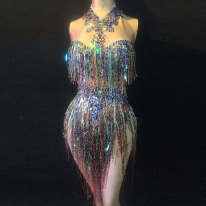 Novance Y1049 Body con Frange Colorate e Strass, Costume da Palcoscenico, Outfit per Feste di Compleanno, Abbigliamento da Club, Abito da Cantante, Vestito da Spettacolo per Donne - Product Image 1