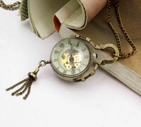 Montre de poche robotique YQHC pour hommes et femmes, collier vintage, bracelet en acier inoxydable, boule de verre mécanique, cadran squelette antique 48MM
