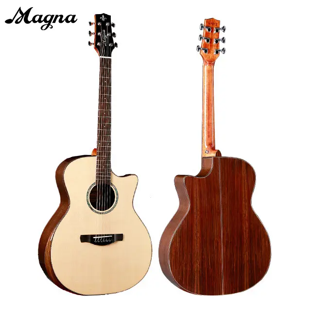 Guitarra acústica de alta calidad OEM ODM de 41 pulgadas al por mayor con tapa de abeto sólido, parte posterior de palisandro y parte superior sólida lateral, guitarra personalizada brillante