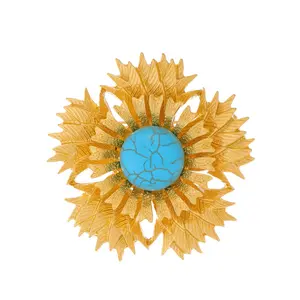 DRFG026 Monet antik abad pertengahan bros bunga matahari klasik dengan mantel bunga bertatahkan pirus dan aksesori korsase