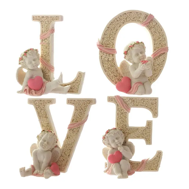Ensemble en résine de 4 figurines d'ange décoratives statue de chérubin rose coeur LOVE Saint Valentin maison mariage décor à collectionner