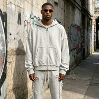 Ensemble Homme Hip Hop Décontracté : Sweat à Capuche Oversize Vintage en Coton Pur à Bords Bruts et Pantalon de Survêtement Ample à Cordon de Serrage