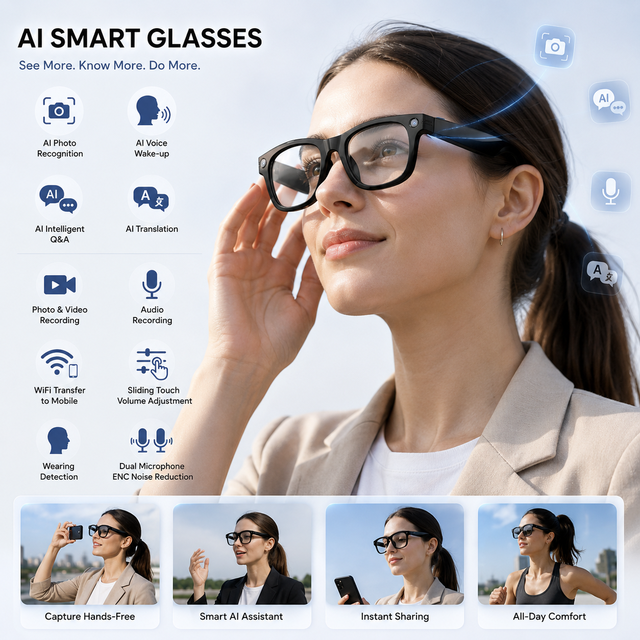 W620pro 8MP Camera Magnetic Charging ENC Noise Reduction Voice Control Translation IP66 Waterproof AI Smart Glasses for Travel