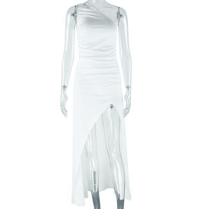 European American Style Casual Women's Solid Color Bodycon Maxi <strong>Dress</strong> Oblique Collar Shoulder Sleeveless Split Long - Product Image 6