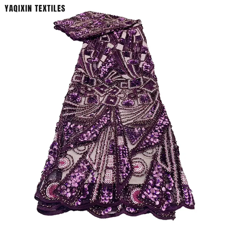 YX2215 nouvelle tendance afrique Styles nigérians paillettes dentelle tissu violet foncé haute qualité dentelle tissus pour la fête