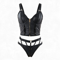 Ensemble de lingerie en similicuir PU noir, corset bustier à fermeture éclair sur le devant, string cage à lanières, 2 pièces, tenue de club sexy en similicuir pour femme