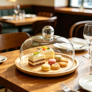 <span class=keywords><strong>Plateau</strong></span> à gâteau avec couvercle en <span class=keywords><strong>verre</strong></span> anti-poussière pour présenter des pâtisseries et desserts sans poussière, <span class=keywords><strong>plateau</strong></span> rond en bois de bambou - Product Image 6