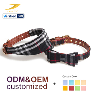 Collier pour chat personnalisé en usine, motif tartan, avec nœud papillon, sangle en cuir de vachette souple, boucle à rivets dorés, anneau en D, collier de mode pour animaux de compagnie - Product Image 1
