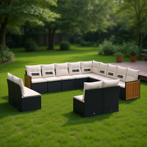 Ensemble de salon de jardin en rotin blanc crème et noir, 10 places, mobilier d'extérieur résistant aux intempéries, design contemporain - Product Image 2