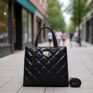 Bolso de Compras Grande de Cuero Charol Negro para Mujer Fana Kalea, Acolchado con Diamantes, Asas Dobles, Cierre de Broche - Product Image 2