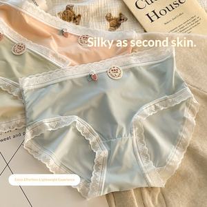 Pantalones de seda para mujer, estilo japonés, de cintura media, sin costuras, con encaje bordado, suaves para la piel, estilo hipster, dulces, sencillos y lisos. - Product Image 3