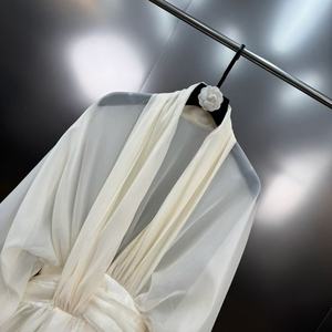 Spring 2026 <strong>Flared</strong> V-Neck Long-Sleeve Dress with Pintucks, Cinched Waist, and <strong>Flared</strong> <strong>Skirt</strong> - Product Image 2