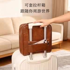 Ninaduoduo Oil Wax Leather <b>Makeup</b> Bag Large Capacity Zipper Closure Portable Travel Cosmetic <b>Case</b> Solid Color Soft Handle - Product Image 4